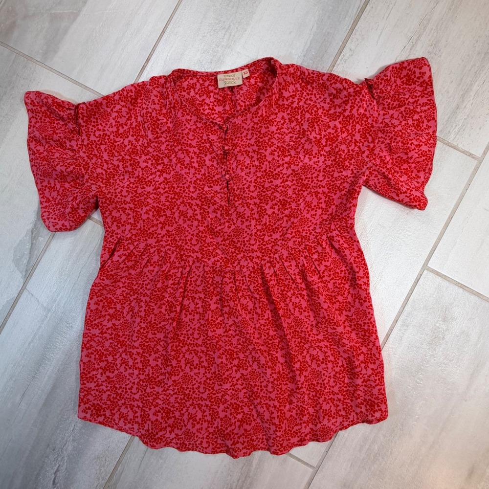 Rungolee Womens Pink Red Floral Ruffle Sleeve Babydoll Blouse Top XS